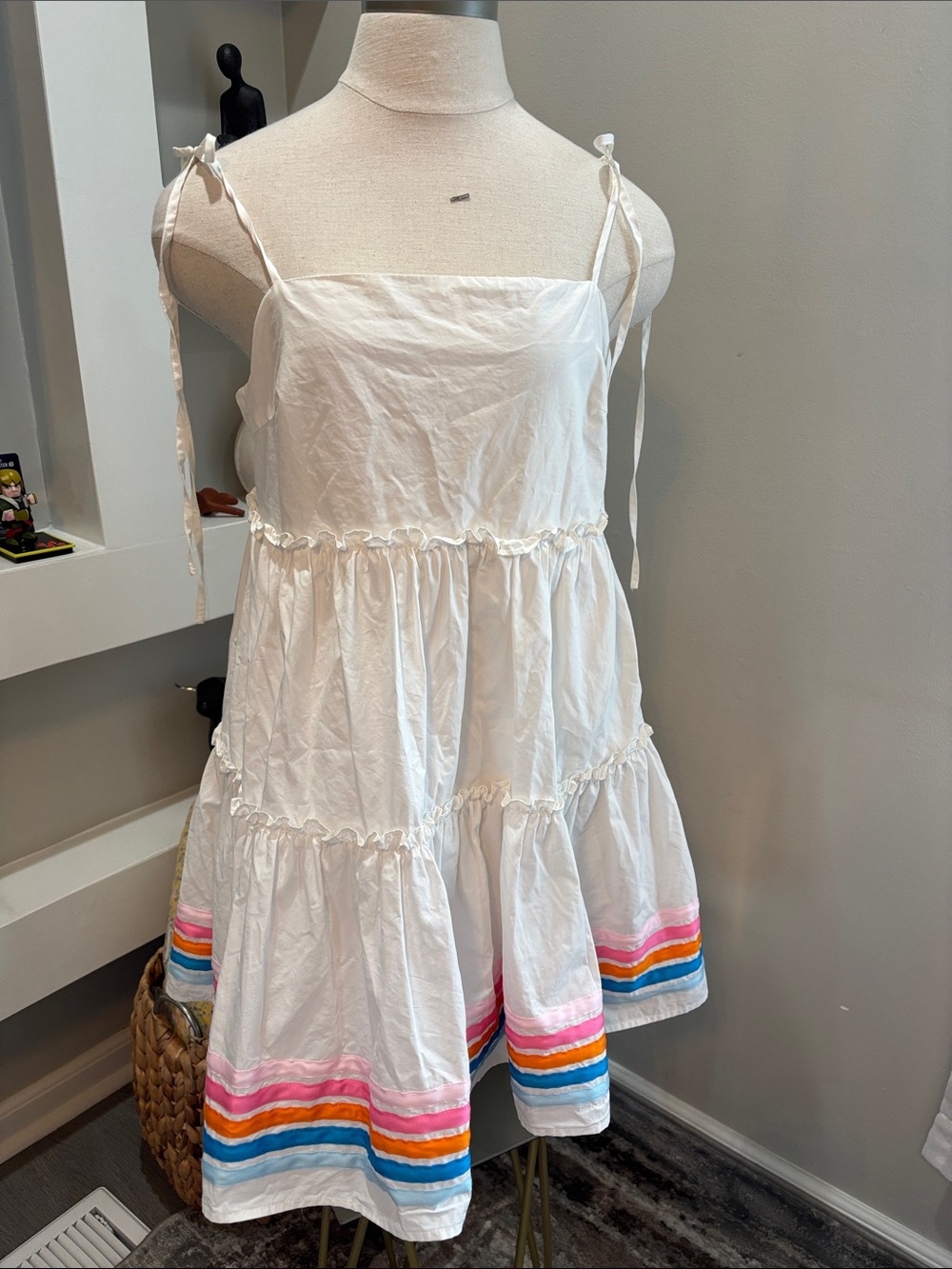 White Tiered Mini Dress with Color-Strip Hem and Tie Straps